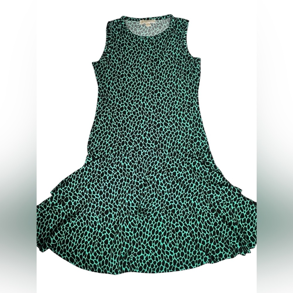 Michael Kors Green-Black Animal Print Tiered Sleeveless Knee Length Dres S